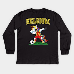 Belgium Soccer Football Unicorn Player Team Coach Kids Long Sleeve T-Shirt